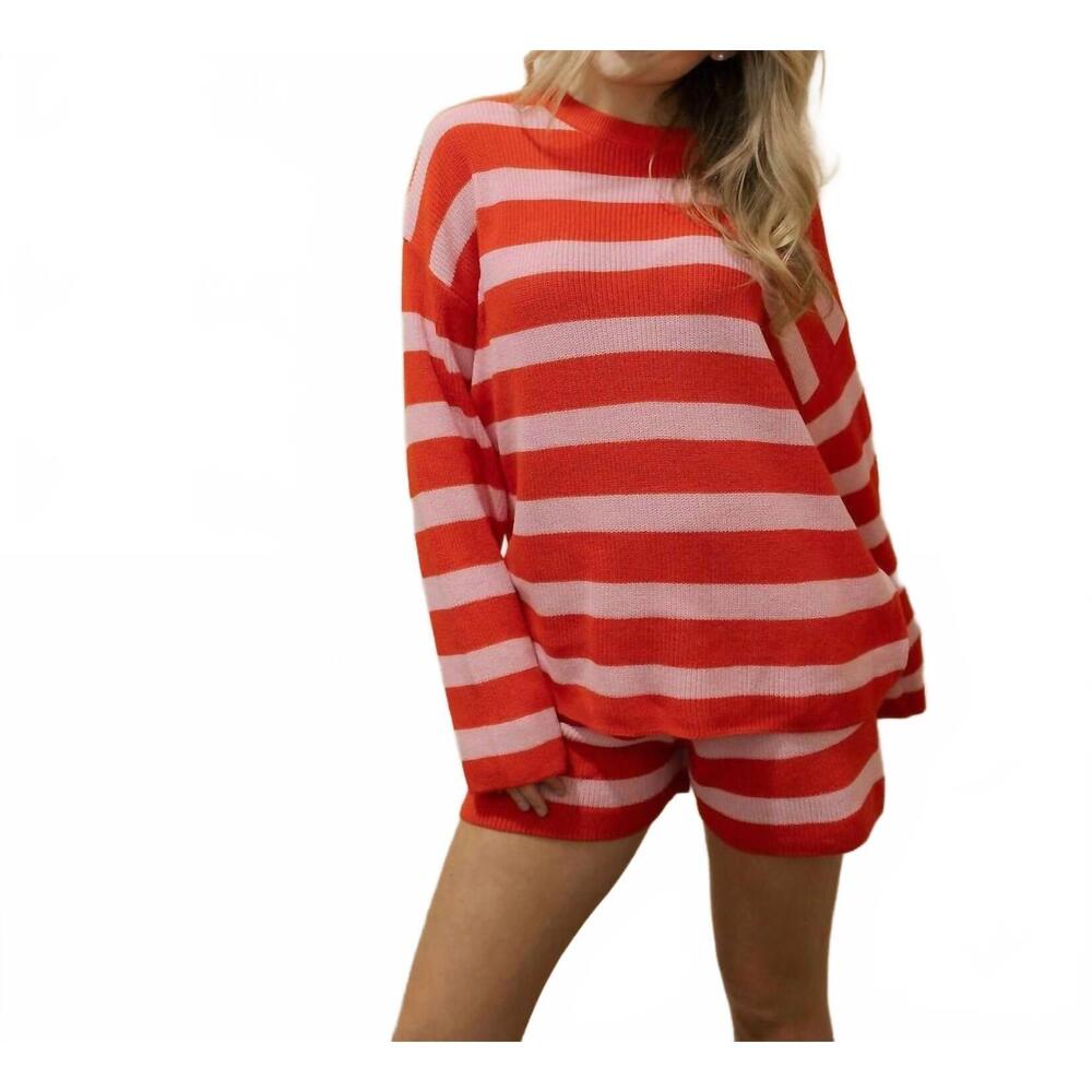 NEW HEM & THREAD hallie striped sweater set in red and pink